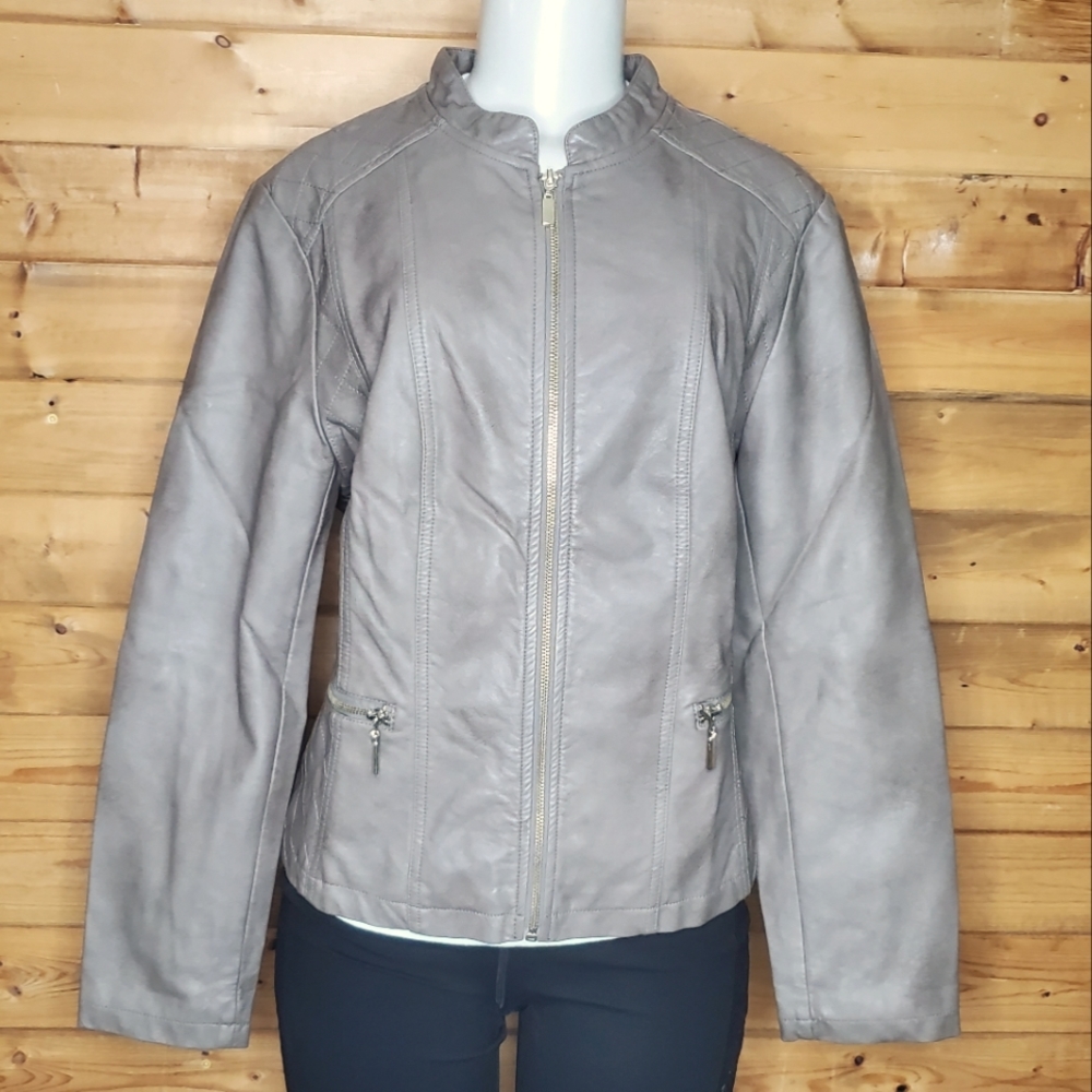 ❤ ALFANI light brown leather jacket motorcycle biker 2 zippered pockets si…